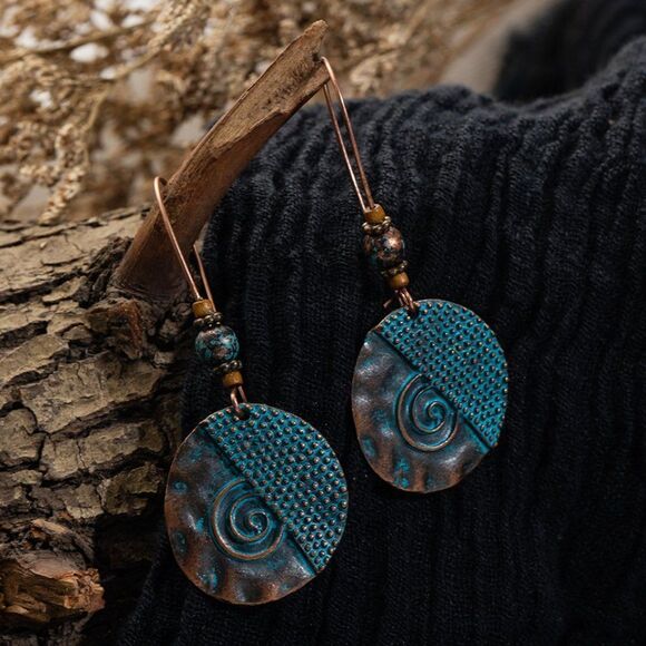2/$21 Unique Aztec Design Blue Round Earrings - Picture 5 of 7